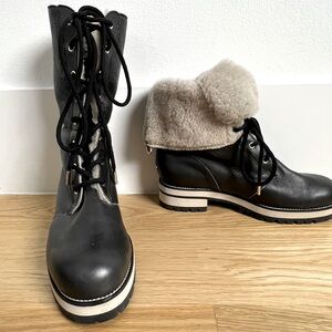 100% Auth JIMMY CHOO Sherling Lined Blk Leather Lace-Up Foldable Boots 9.5 $1495